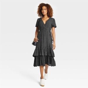 Women’s Short Sleeve Wrap Dress in Black Polka Dots